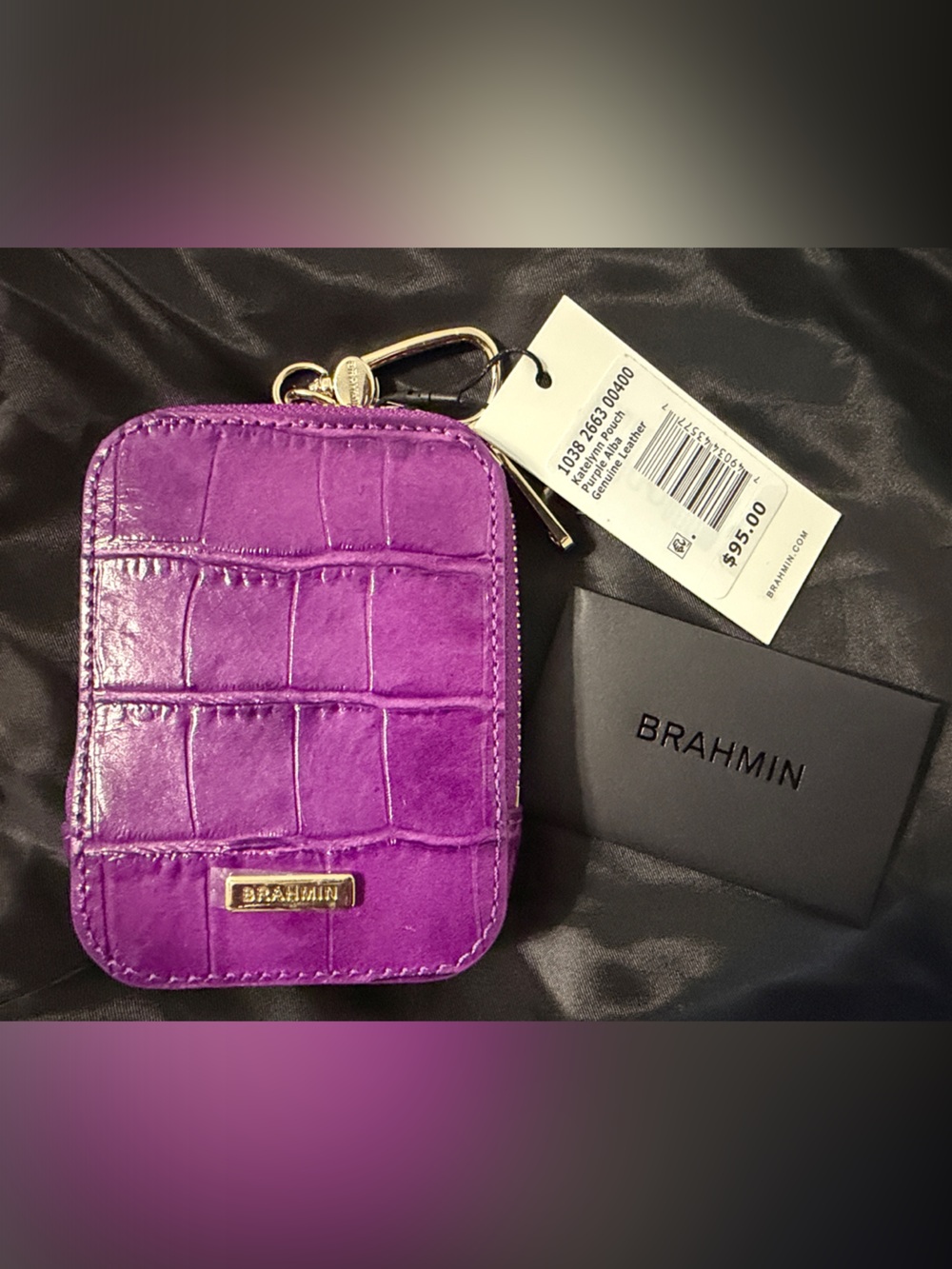 Brahmin Katelynn Pouch Purple Alba Genu Leather Zip Card Case with Gold Hardware